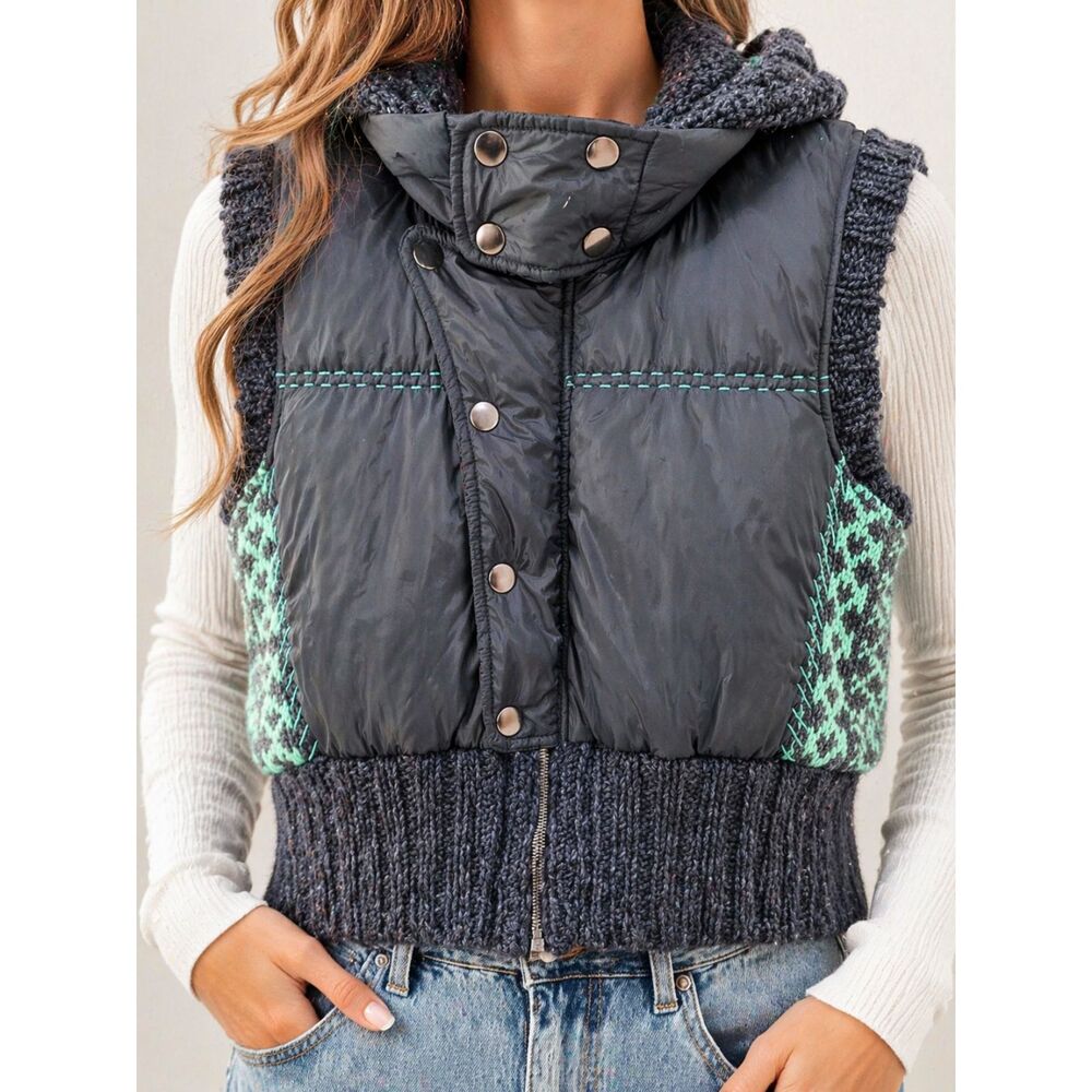 Free People Fair Isle Puffer Vest Black Green Hooded Boho S Knit Cabin Core